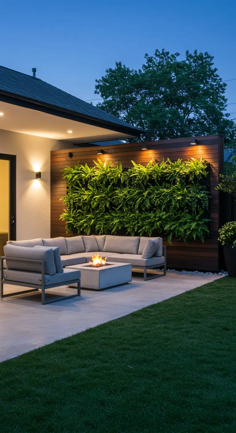 Patio moderno con sofá seccional, fogón de hormigón y jardín vertical de helechos iluminado.