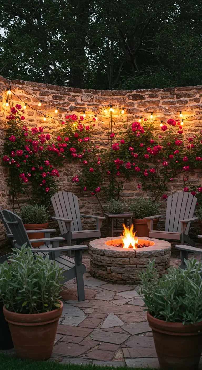 Patio de piedra con hoguera central, sillas de madera, guirnaldas de luces y rosas rojas en la pared.