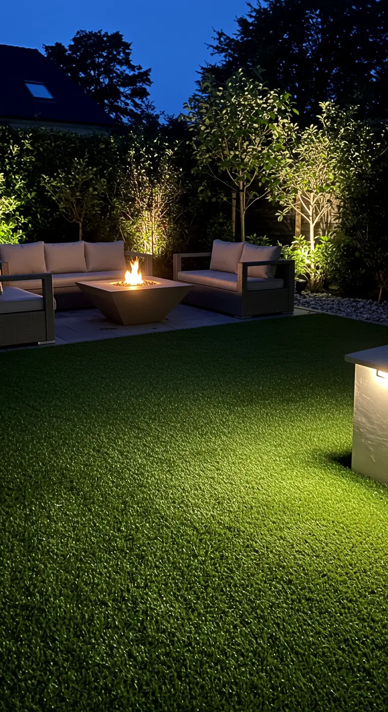 Patio moderno de noche con brasero, sofás y césped artificial iluminado desde abajo.