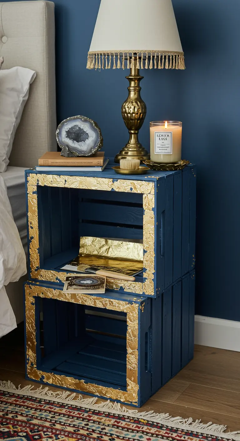 Mesita de noche de cajas azul oscuro con los bordes decorados con pan de oro.