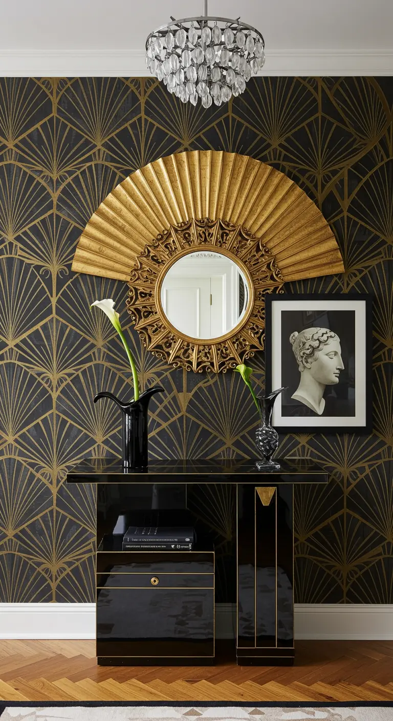 Recibidor Art Déco con papel pintado geométrico, espejo dorado en forma de abanico y consola negra.