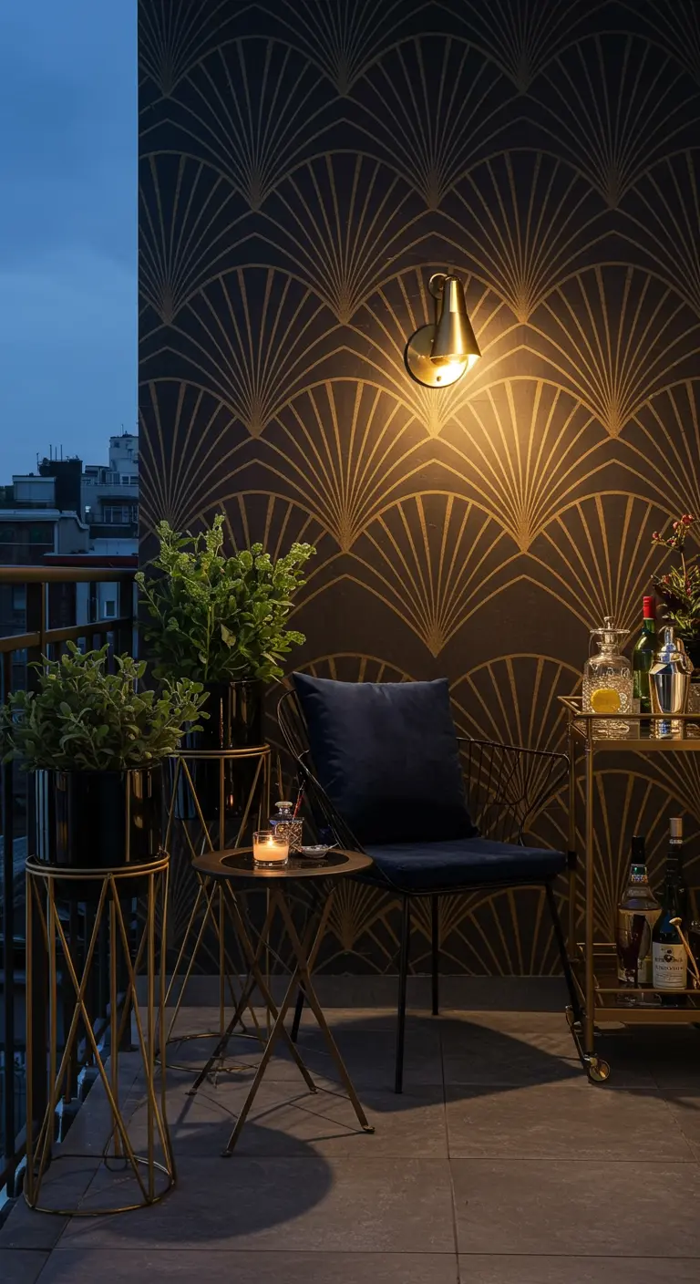 Balcón elegante con papel pintado de diseño Art Déco, muebles metálicos dorados y un bar.