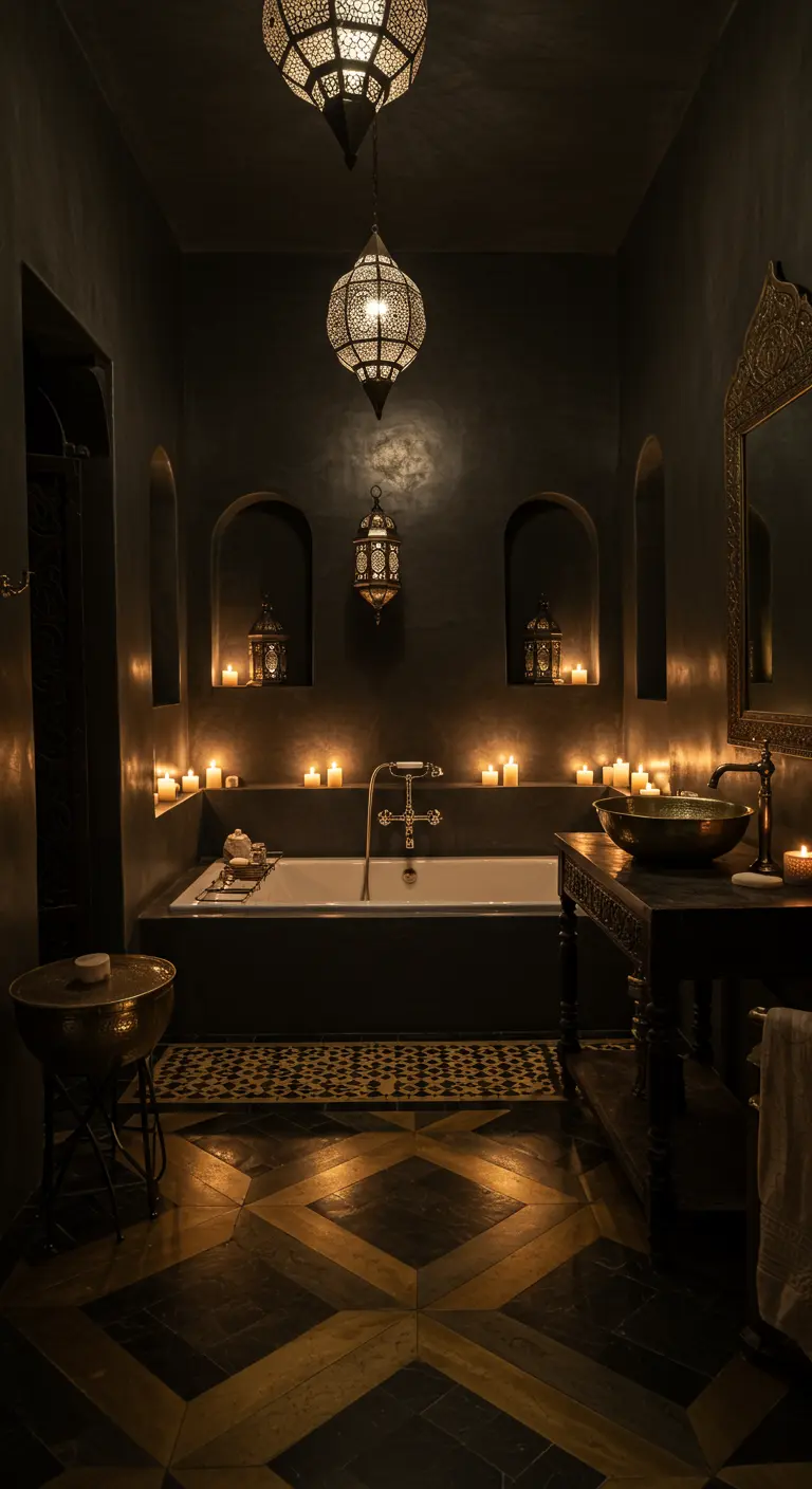 Baño marroquí oscuro y atmosférico iluminado por farolillos y decenas de velas