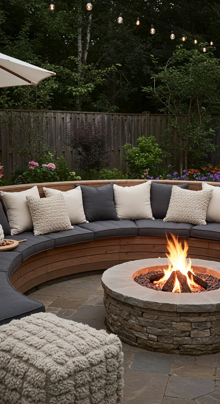 Zona de hoguera con un banco de madera curvo, cojines grises y crudos, y un puf de borreguito.