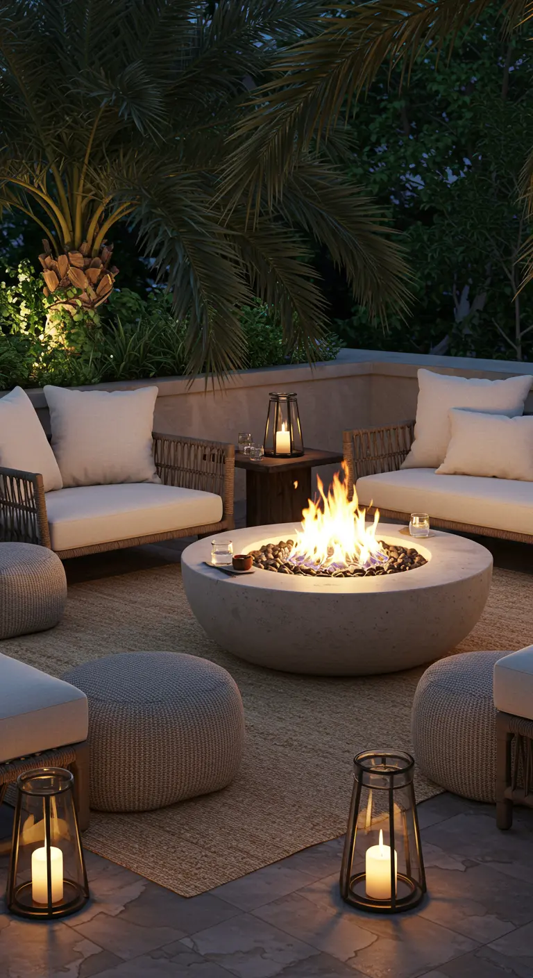 Zona de descanso nocturna con hoguera redonda de hormigón y pufs de mimbre.