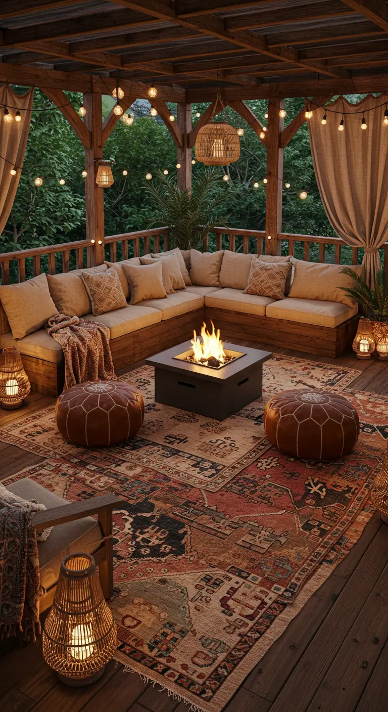 Porche de madera con un brasero central, sofá en L, alfombra persa y guirnaldas de luces