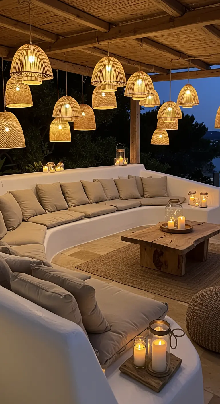 Patio chill-out de estilo mediterráneo con sofá de obra blanco y lámparas colgantes de mimbre