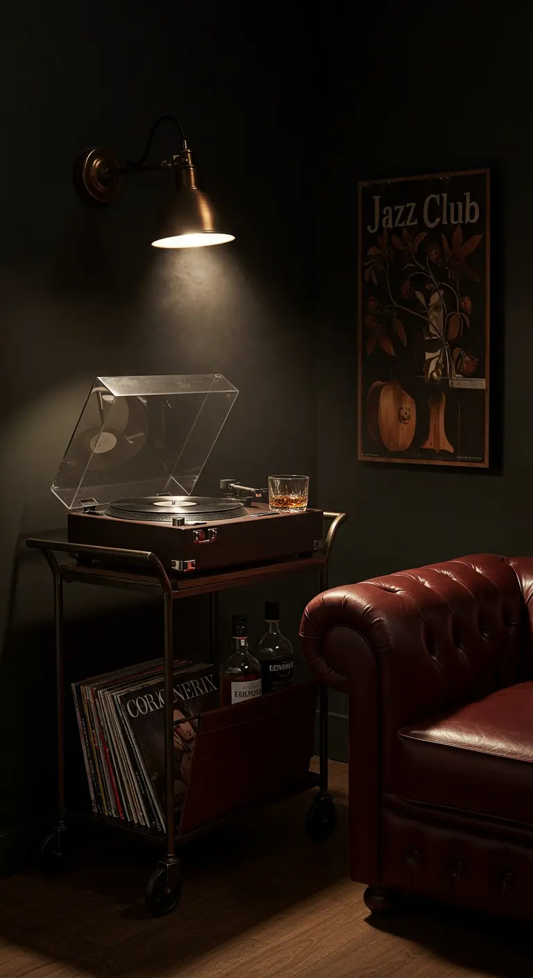 Carrito de bar con tocadiscos y vinilos, junto a un sillón de cuero, en una habitación oscura.