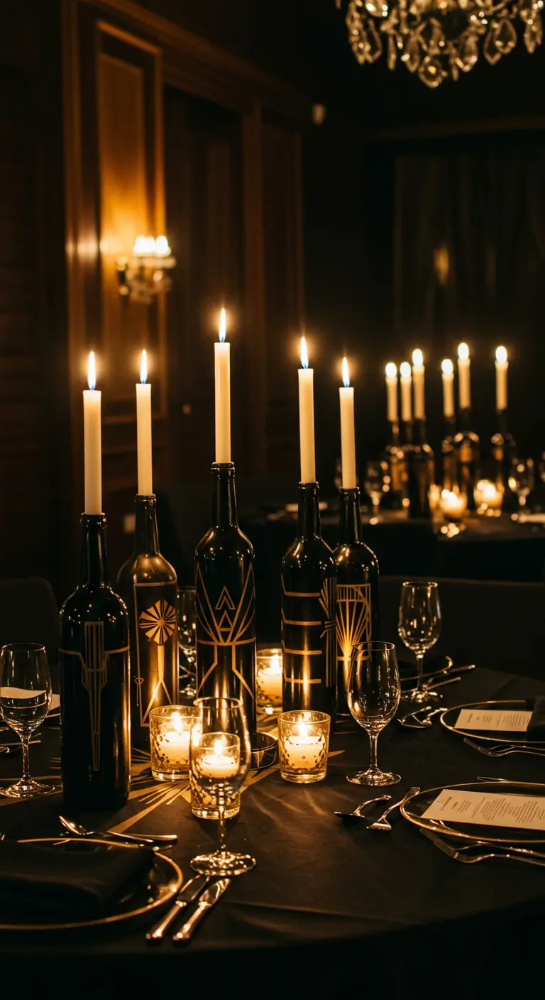 Portavelas de botella Art Déco negros y dorados en una mesa de cena elegante.