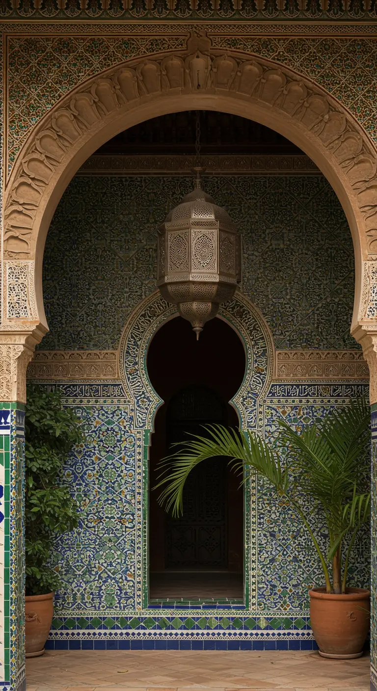 Arco de estilo árabe con paredes de mosaico, una palmera y un gran farol metálico colgante.