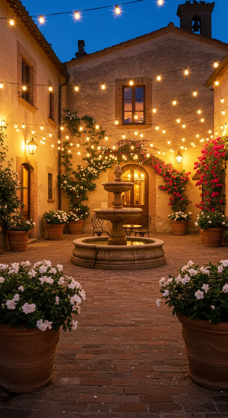 Patio de estilo mediterráneo con una fuente central, luces colgantes y macetas con flores blancas.