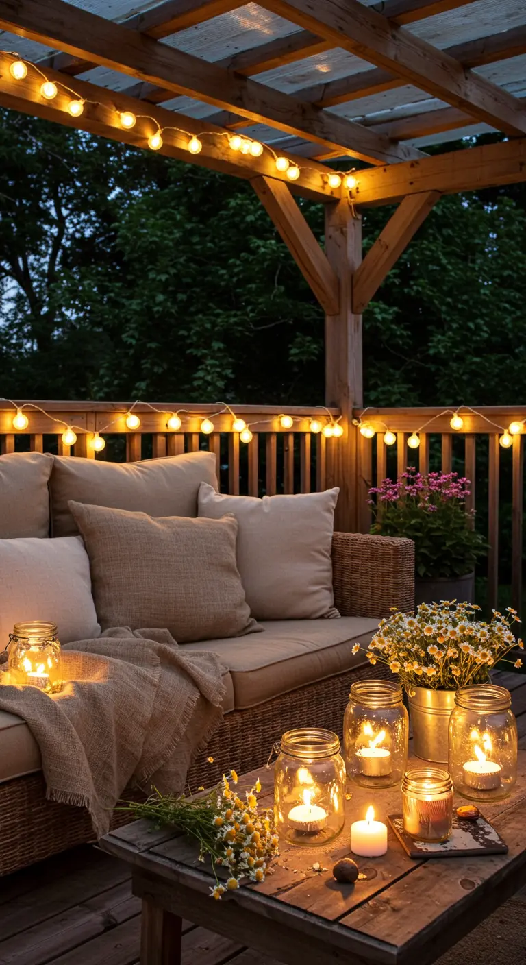 Terraza de madera con un sofá acogedor, iluminada por guirnaldas de luces y velas en frascos de cristal.