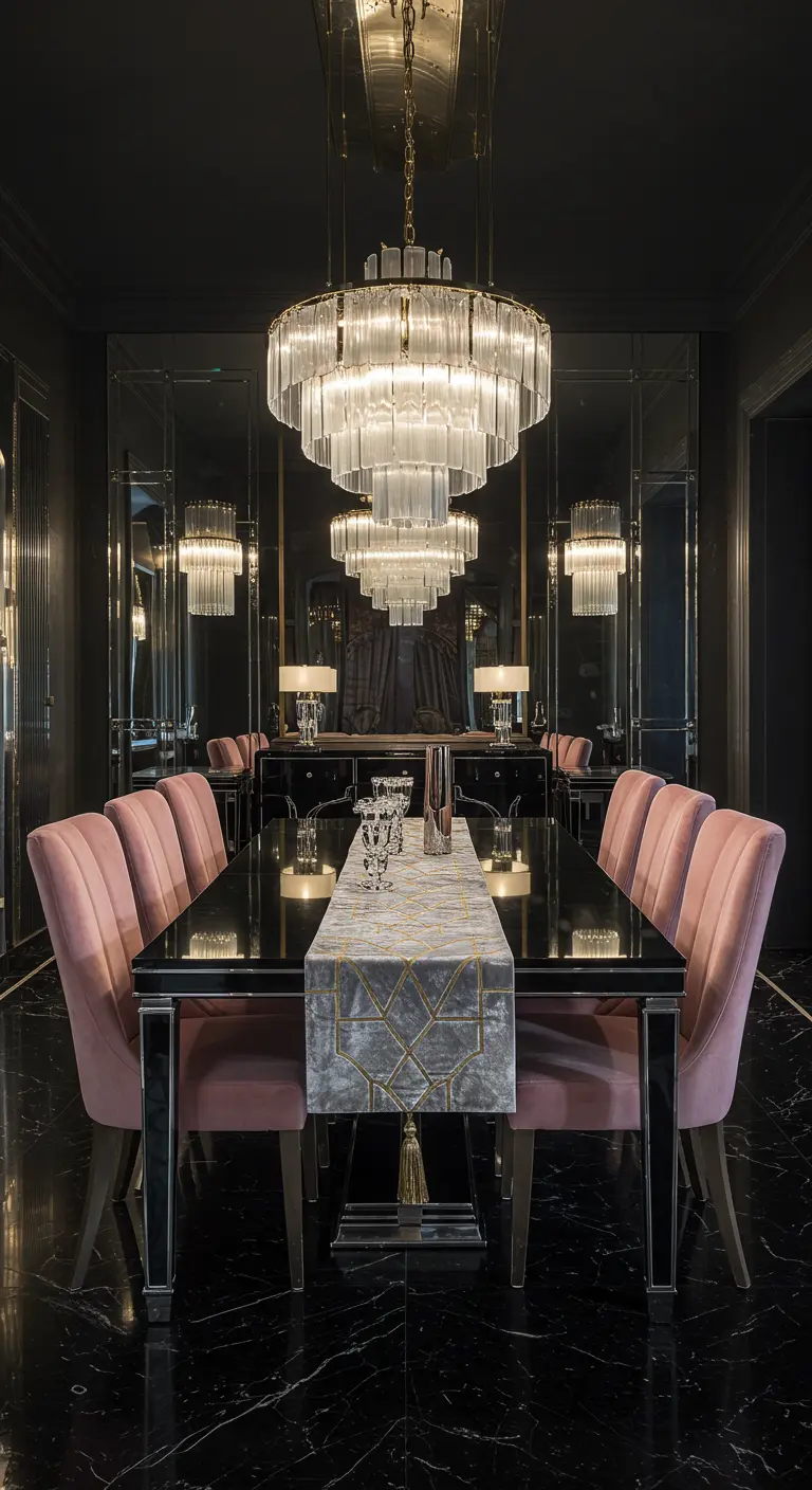 Comedor Art Decó con mesa negra, sillas de terciopelo rosa y candelabro de cristal escalonado.