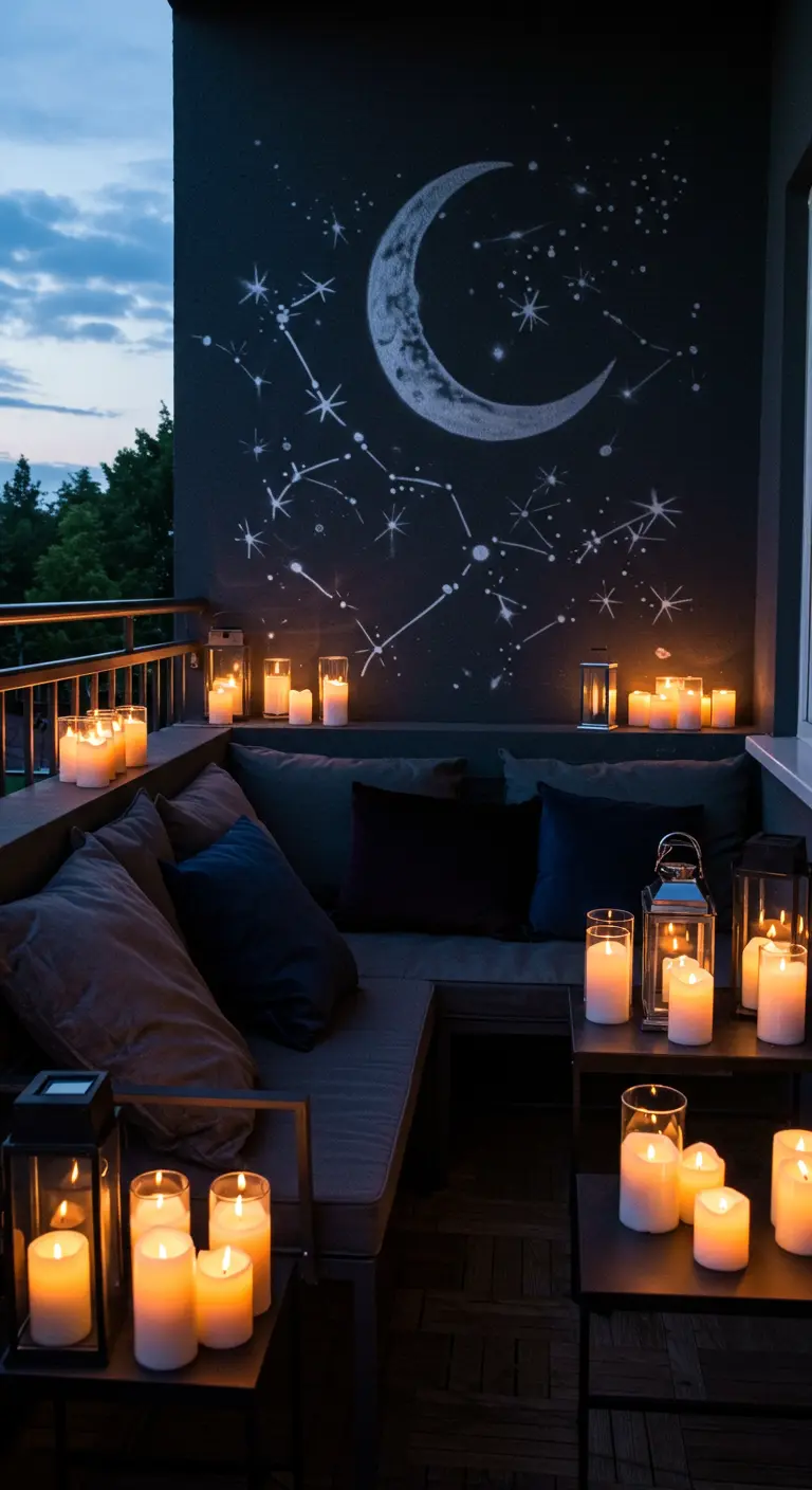 Balcón nocturno con un mural de la luna y las estrellas, y muchísimas velas encendidas en farolillos