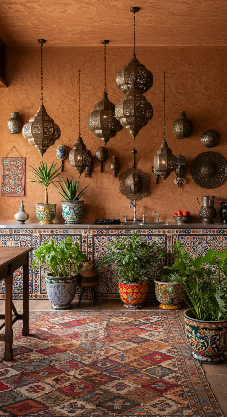 Cocina de estilo marroquí con azulejos estampados, paredes terracota y faroles de metal.