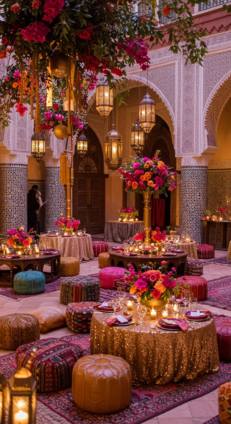 Recepción de boda de estilo marroquí con mesas bajas doradas, pufs de colores y farolillos.