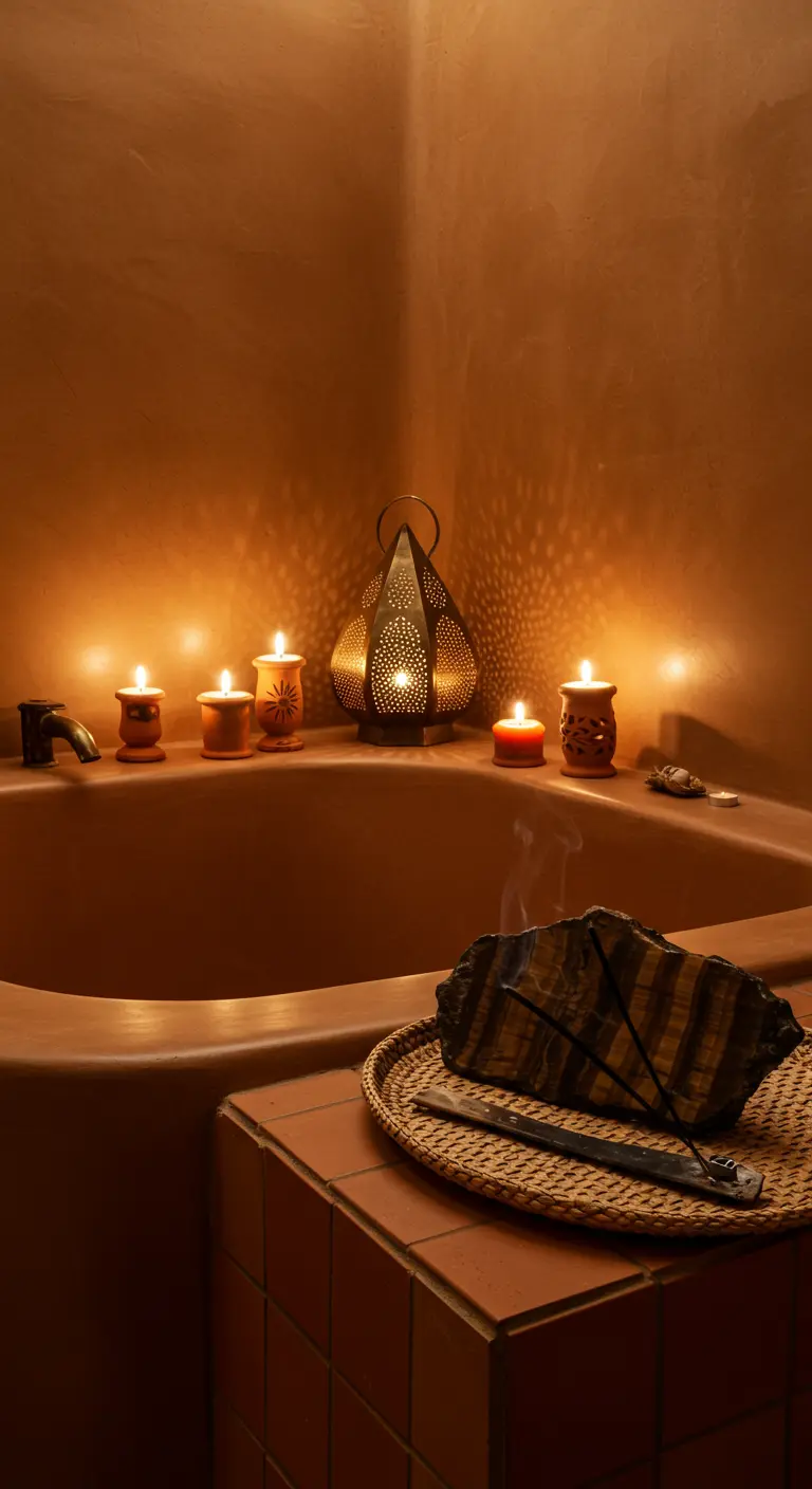 Baño de estilo marroquí con bañera de terracota, velas y una linterna de metal.