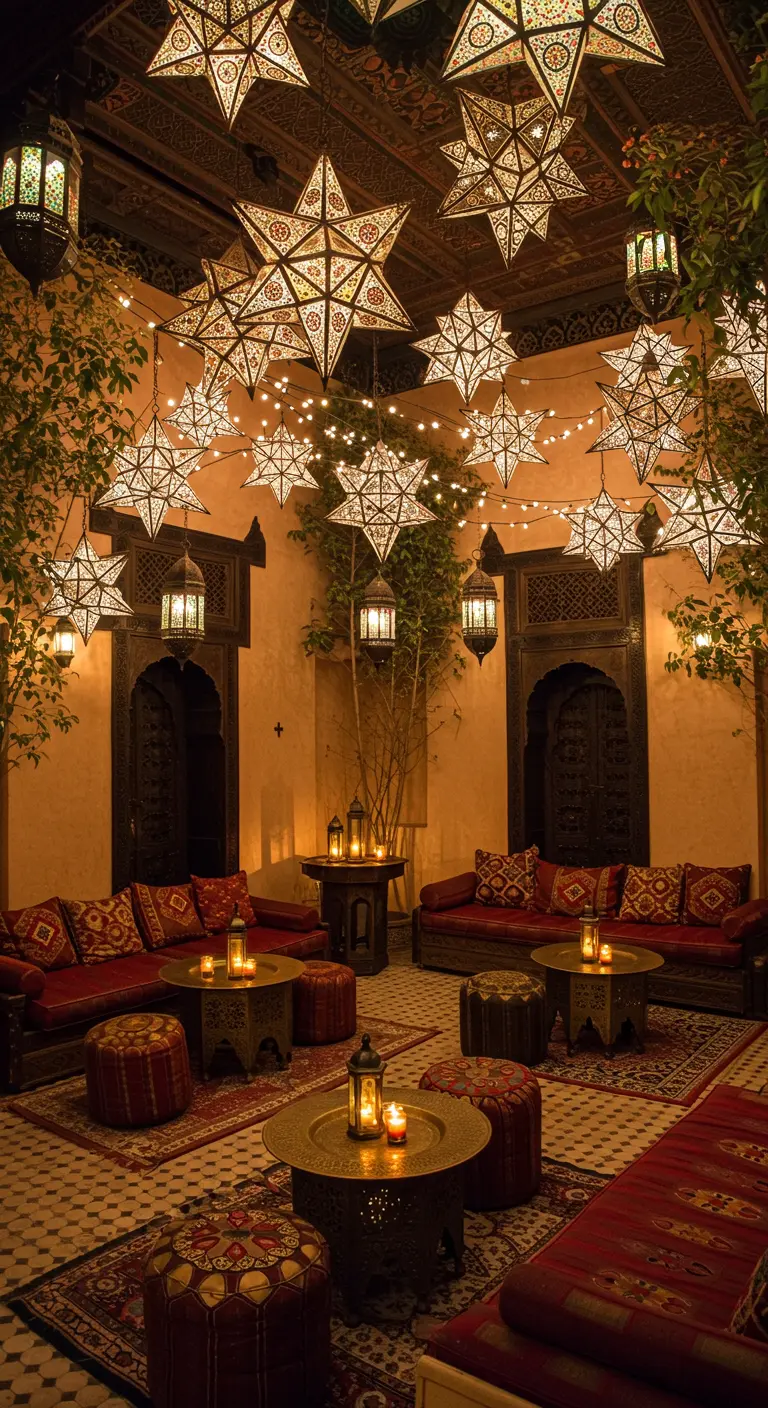 Patio de estilo marroquí con sofás bajos y un techo decorado con faroles de estrella iluminados.