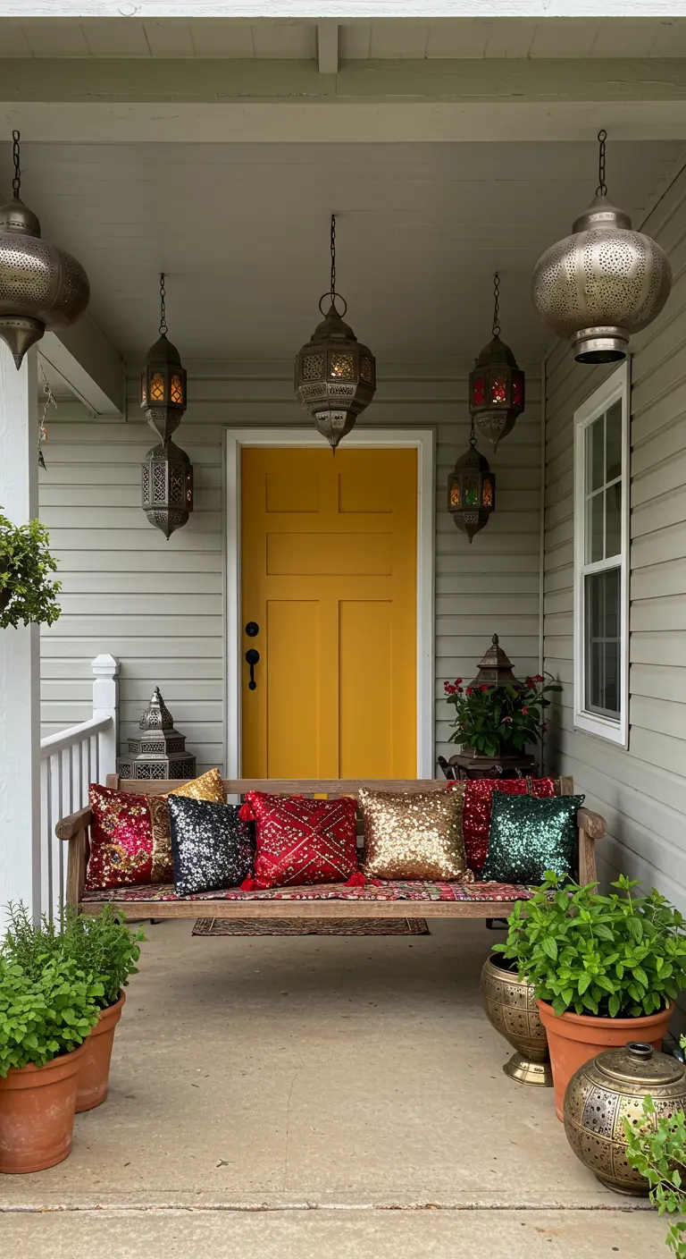 Porche de inspiración marroquí con columpio, cojines de lentejuelas y faroles colgantes