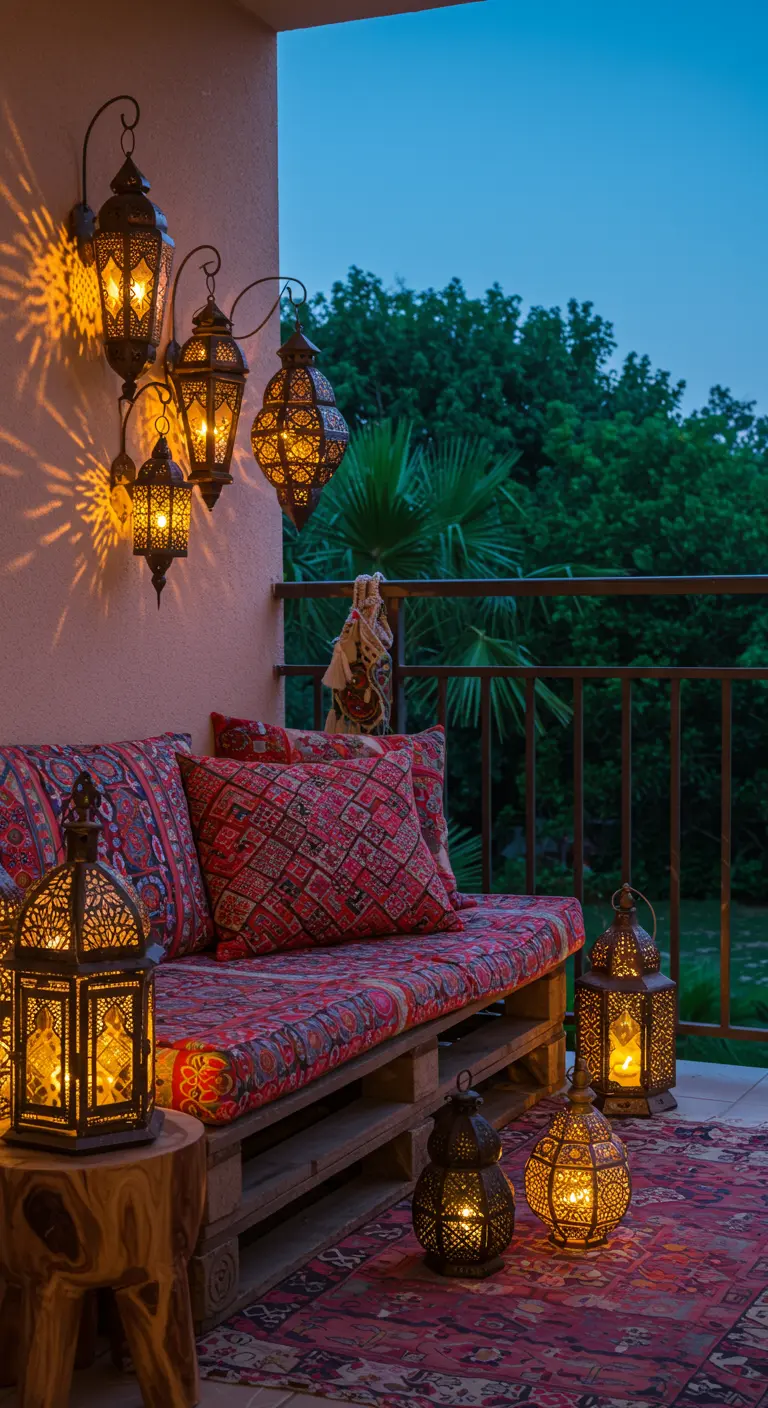 Balcón de estilo marroquí con sofá de palets, cojines rojos y farolillos iluminados.