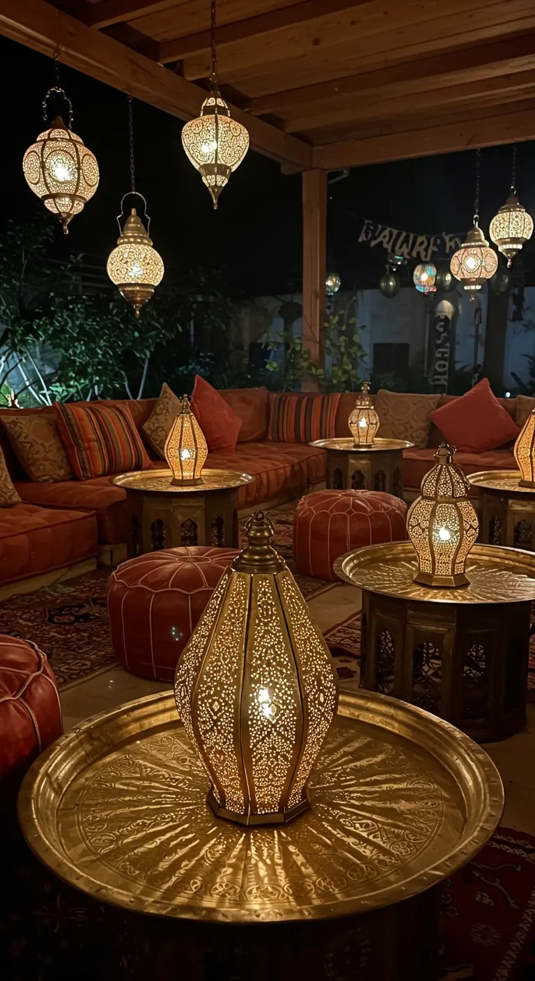 Salón de estilo marroquí con sofás bajos, cojines coloridos y múltiples linternas doradas encendidas.