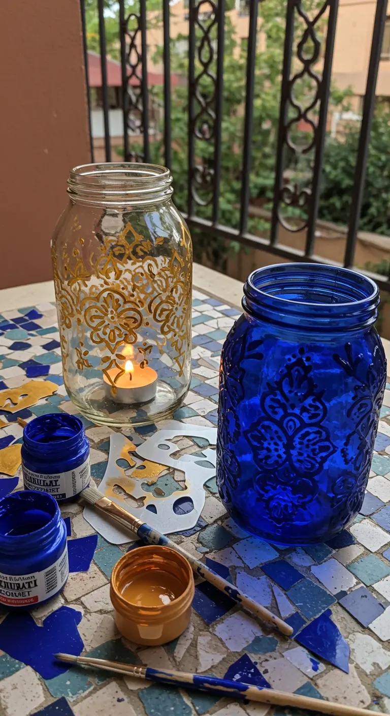 Frascos de vidrio pintados a mano con patrones marroquíes en azul y dorado, usados como portavelas.