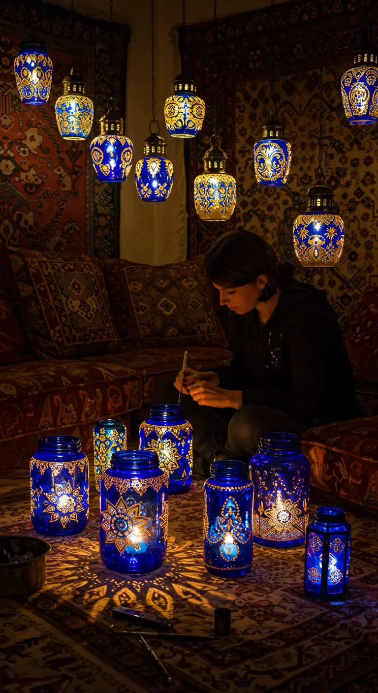 Lámparas colgantes de estilo marroquí hechas con frascos azules y detalles dorados.