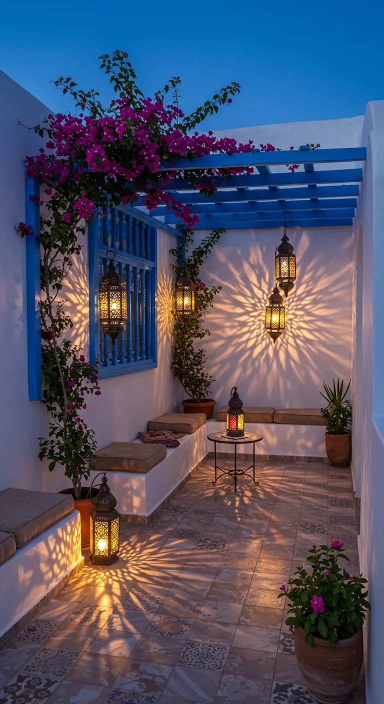 Patio de estilo marroquí con paredes blancas, detalles en azul, buganvilla y faroles que proyectan sombras.