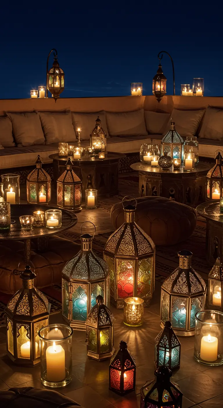 Terraza nocturna iluminada exclusivamente por decenas de faroles y velas de distintos tamaños y colores.