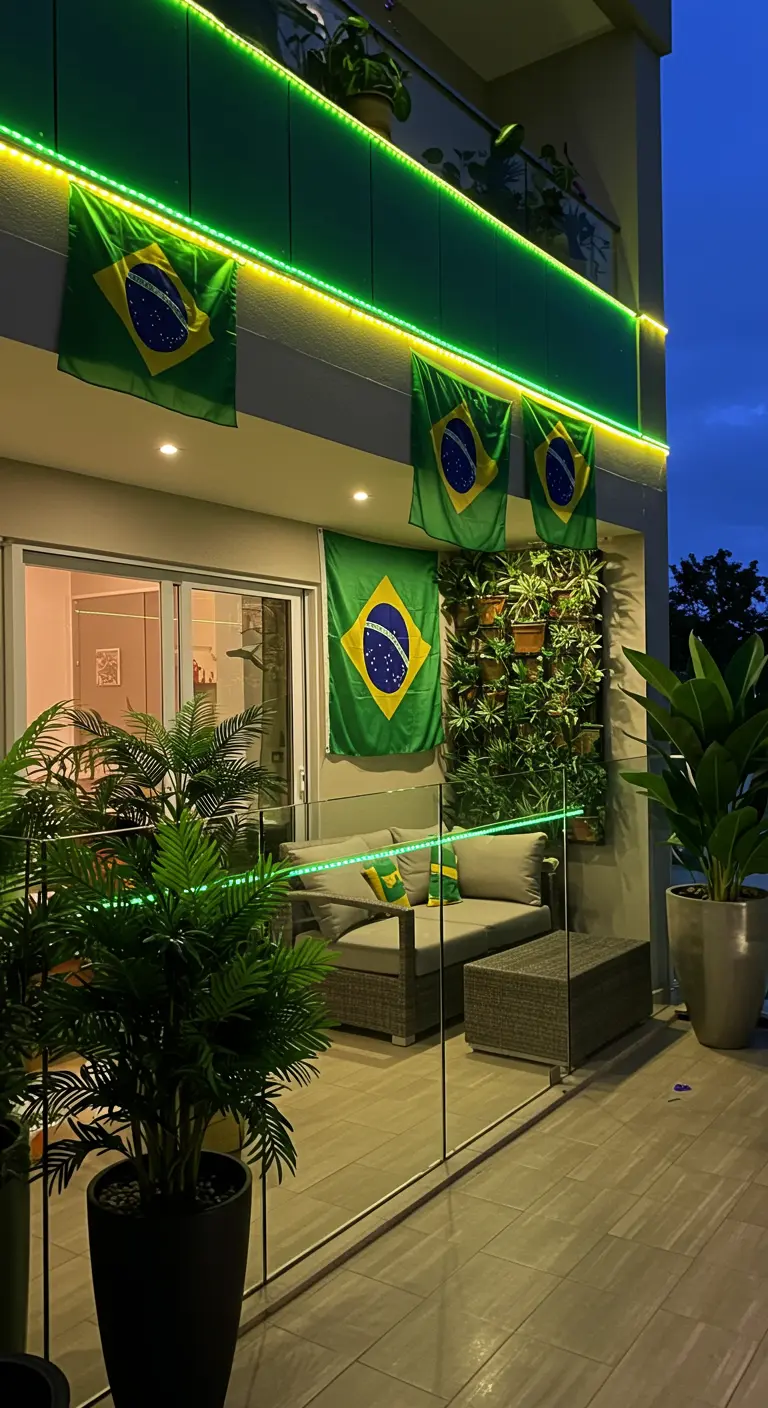 Balcón moderno con banderas de Brasil y tiras de luces LED verdes brillantes por la noche.