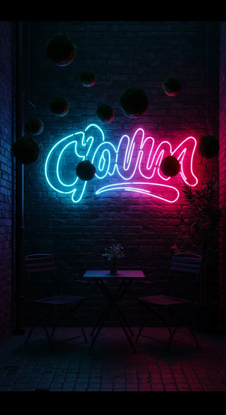 Patio oscuro con una pared de ladrillo iluminada por un letrero de neón y una pequeña mesa de bistró.