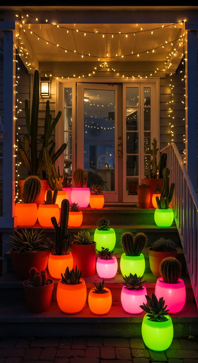 Porche iluminado por la noche con macetas de colores neón que brillan y una guirnalda de luces.
