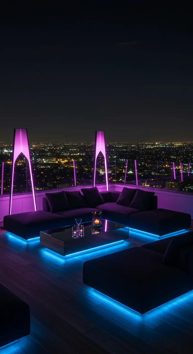 Terraza de ático por la noche con sofás bajos iluminados por luces LED azules y moradas.