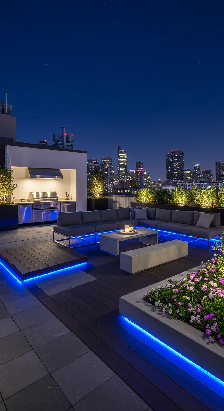 Terraza en azotea con luces LED azules bajo los sofás y jardineras, con vistas a la ciudad.