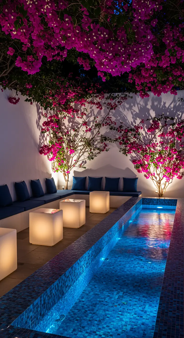 Patio moderno por la noche con una piscina estrecha, buganvillas y cubos de luz iluminados.