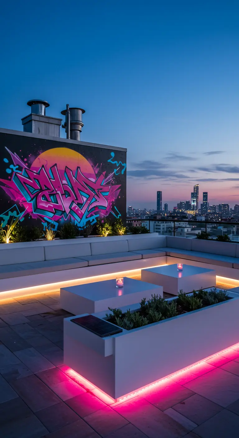Terraza de azotea con grafiti de los 80 y luces de neón rosas bajo los bancos blancos