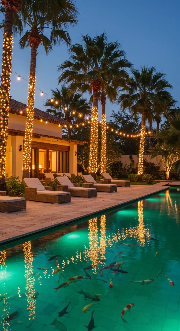 Piscina tropical con palmeras iluminadas por guirnaldas de luces y peces koi nadando.