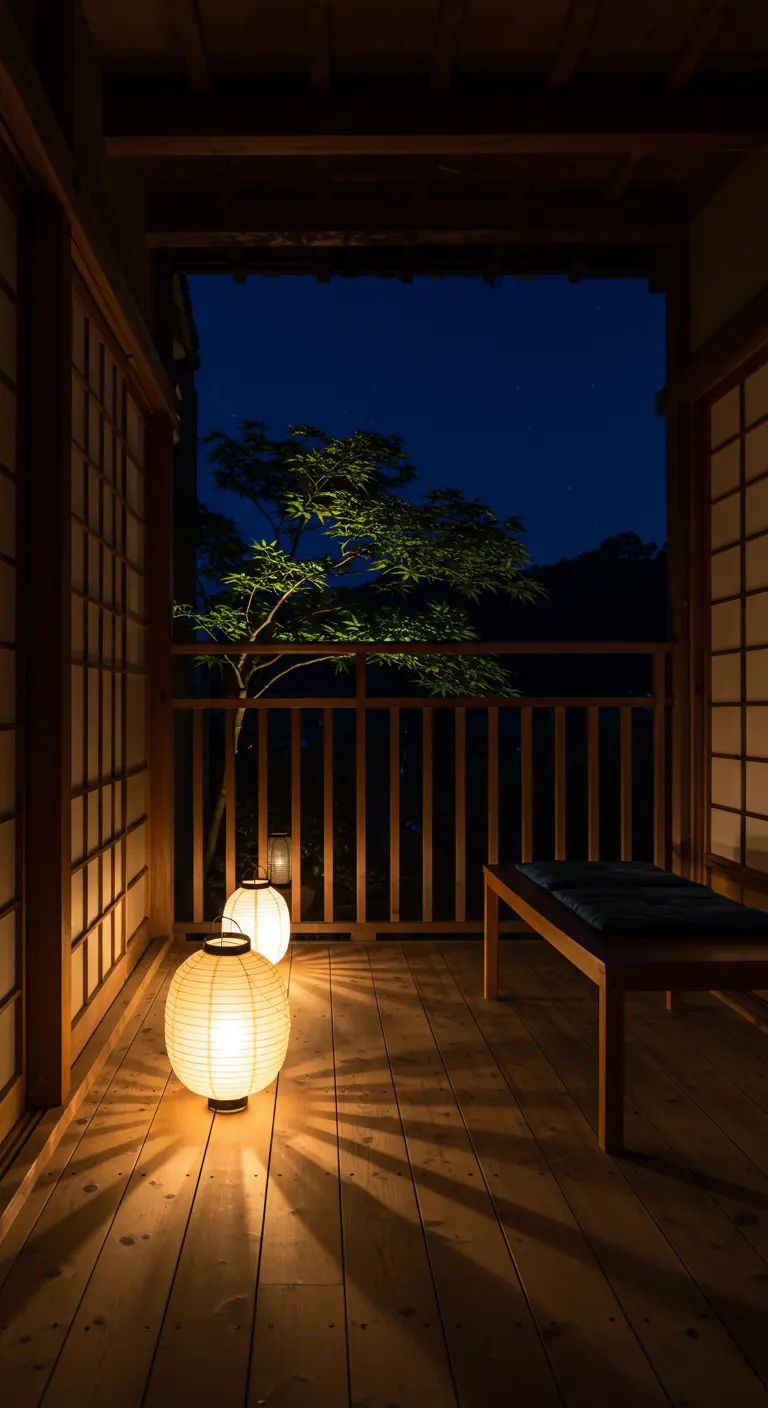 Balcón japonés de noche con farolillos de papel iluminados y un banco de madera.