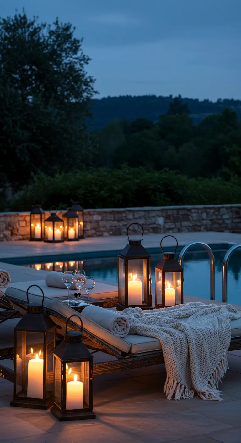 Borde de una piscina por la noche con tumbonas, una manta de punto y muchos faroles de metal negro.