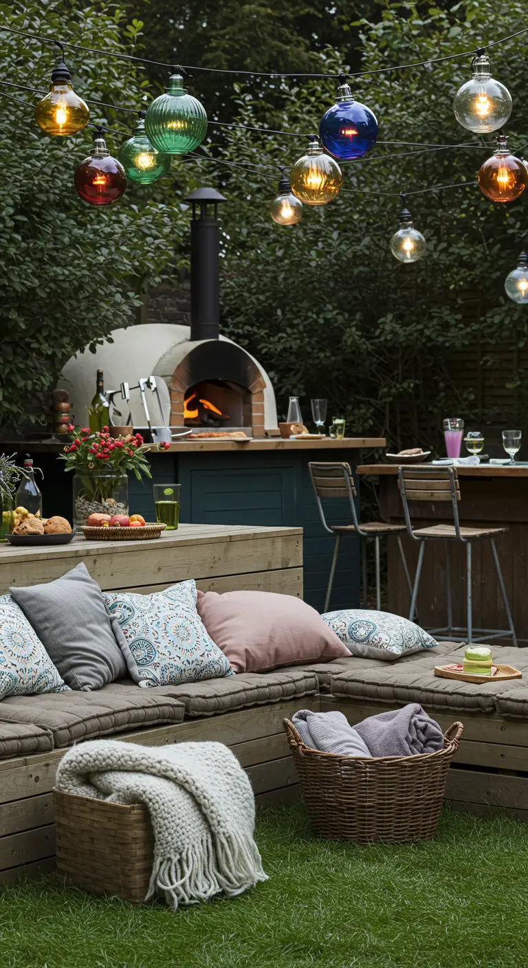 Zona de comedor exterior con horno de pizza, asientos de madera y una guirnalda de bombillas de colores.