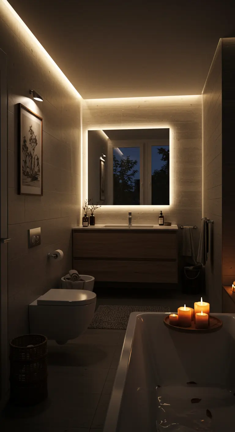 Baño por la noche iluminado suavemente con luz LED indirecta y varias velas encendidas.