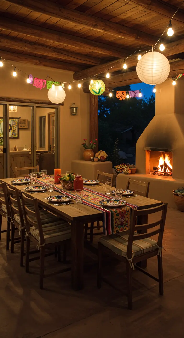 Patio de noche con una gran mesa de madera, chimenea encendida y guirnaldas de luces.
