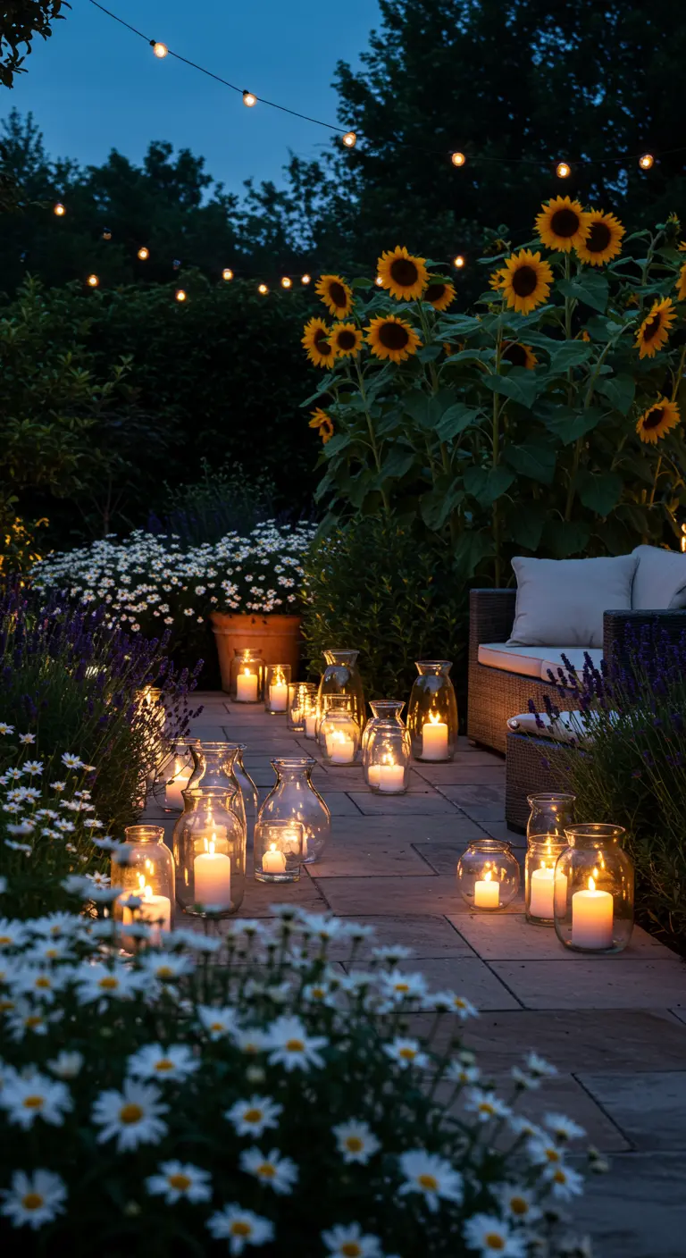 Patio de noche iluminado por docenas de velas en frascos de cristal y una guirnalda de luces, entre macizos de flores.