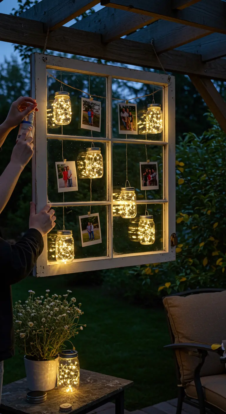 Ventana colgada en una pérgola, decorada con fotos y tarros de cristal con luces solares.