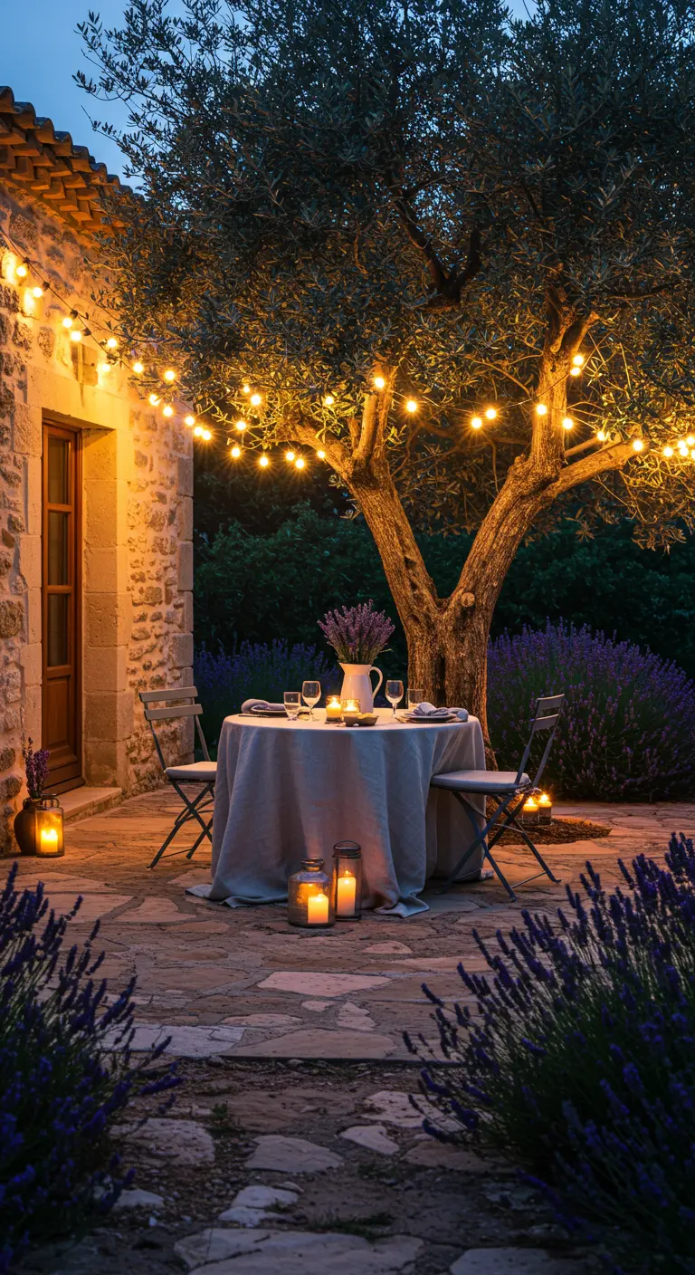 Cena romántica para dos bajo un olivo iluminado con guirnaldas de luces cálidas y velas.