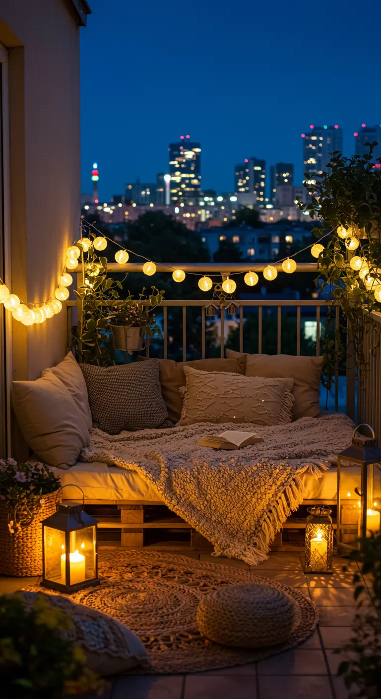 Balcón urbano por la noche, decorado con un sofá de palets, cojines, mantas y muchas luces cálidas.