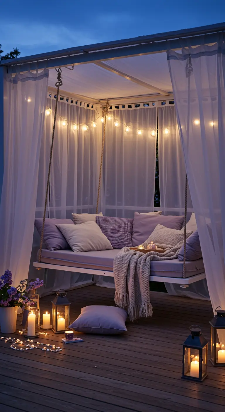 Cama columpio con cojines morados y cortinas blancas bajo una pérgola iluminada.