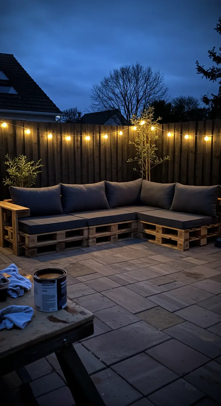 Sofá esquinero de pallets con cojines grises en un patio iluminado por guirnaldas de luces.
