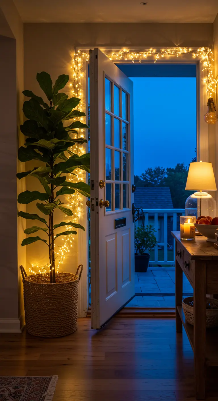 Puerta abierta de noche, enmarcada con luces de hadas cálidas que iluminan una planta alta.