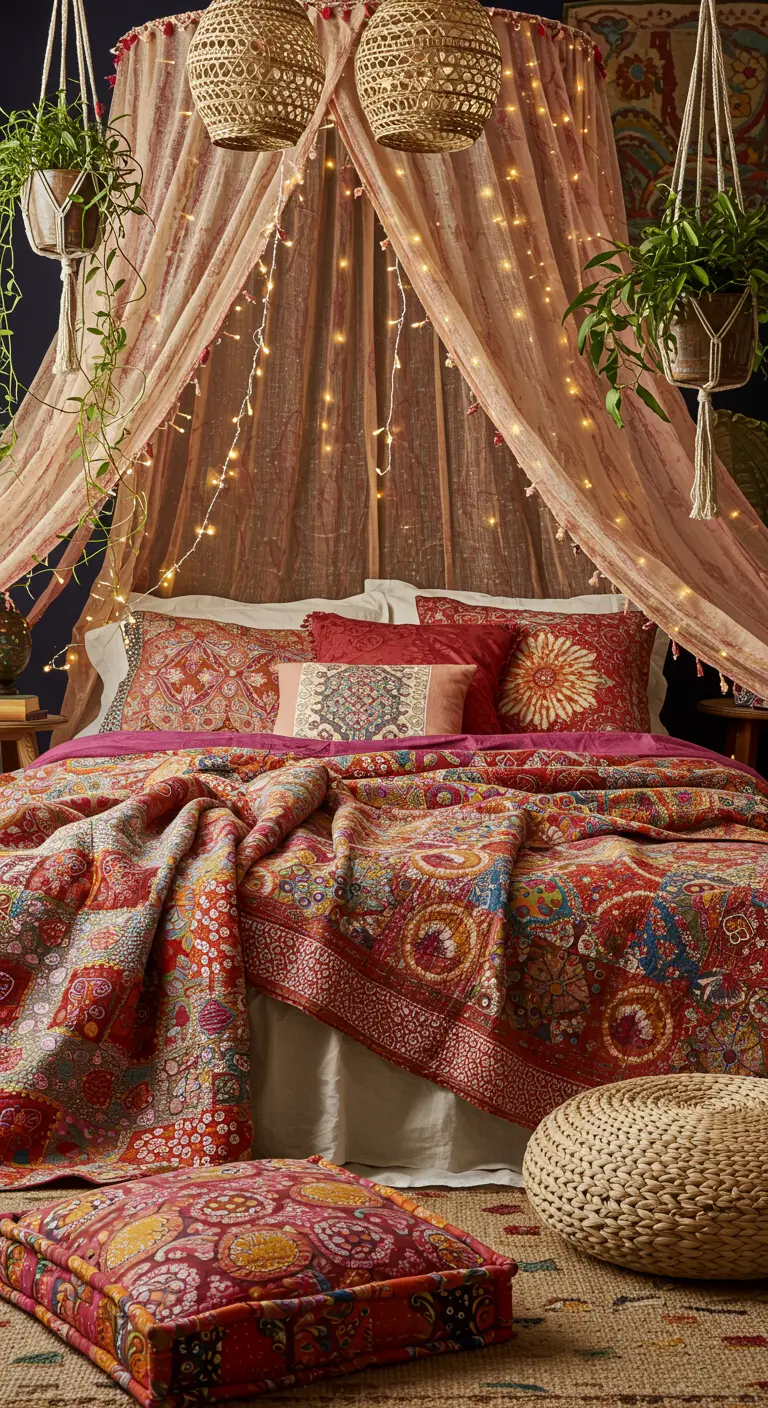 Dormitorio bohemio con dosel de tela, luces de hadas y ropa de cama con estampados étnicos.